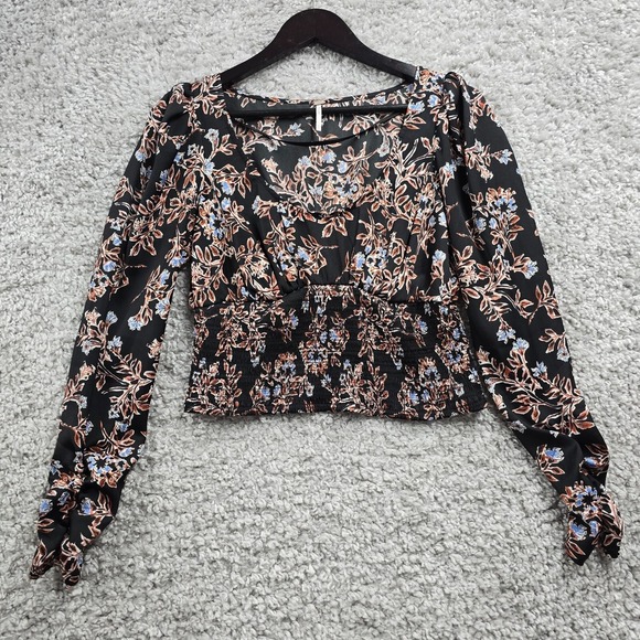 Free People Santiago Women Floral Smocked Top Size Small Long Sleeve Boho Grunge - Picture 1 of 12